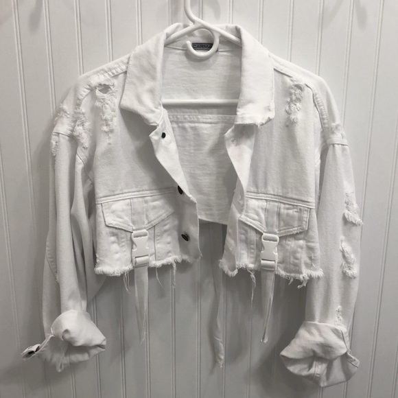 white cropped distressed denim jacket